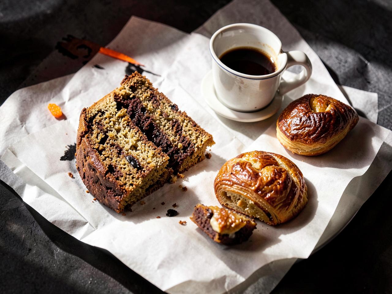 Illustratives Foto: Tortenstück, Espresso und Gebäck